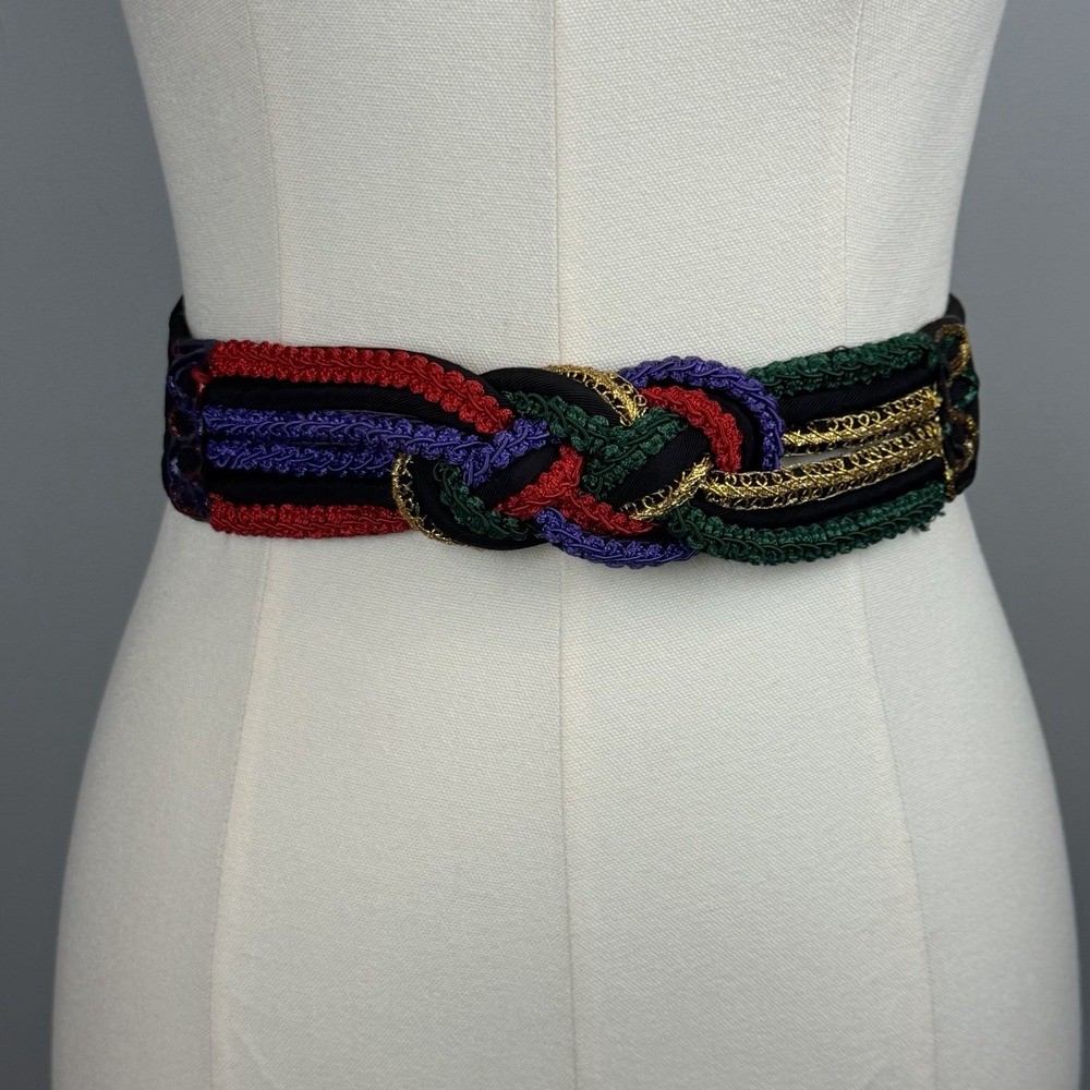 Vintage Braided Soutache Belt Black Red Purple Green Gold Elastic Fits 26-31"